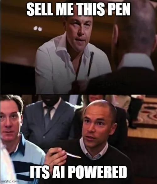 Wolf of wall-street Leo: Sell me this pen. Other guy: It's AI powered