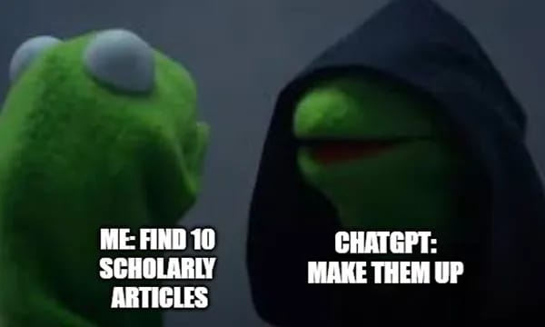Kermit frog: Find 10 scholarly articles, Evil Kermit representing ChatGPT: Make them up
